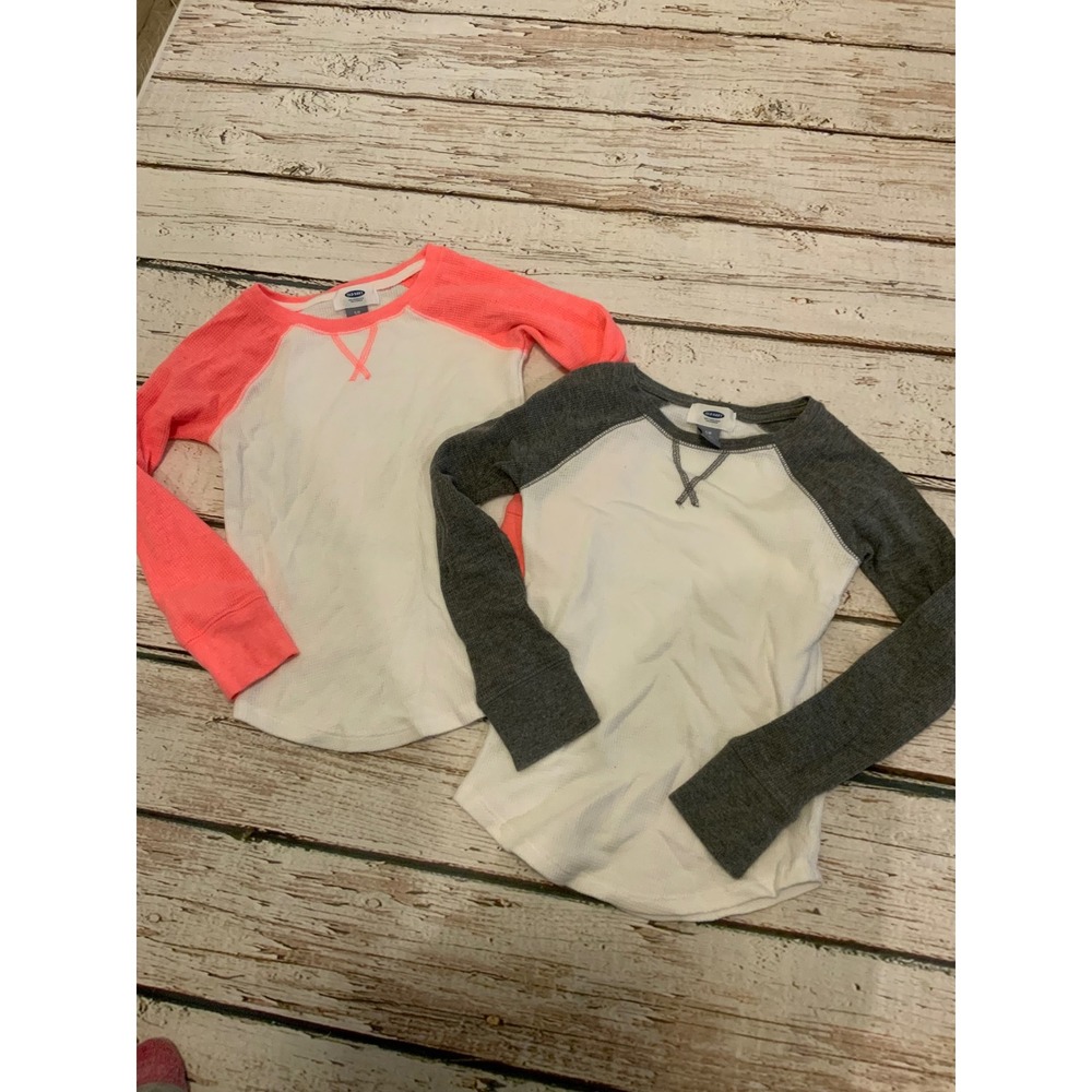 Old Navy Girls 2 Pack Thermal Waffle Knit Raglan Shirts Pink Gray White S 6-7